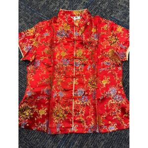 Eastern Collection Red Floral Brocade Mandarin Collar Frog Button Blouse XXL